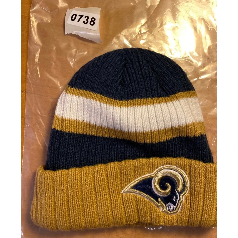 New Era Los Angeles Rams NFL Knit Beanie Hat Cuffed Striped Navy Gold‎ Mens OSFM